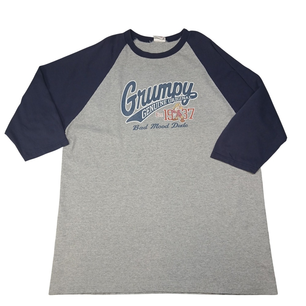 Disney Store Grumpy Bad Mood‎ Dude Raglan Baseball Tee Gray Navy Blue Mens XL
